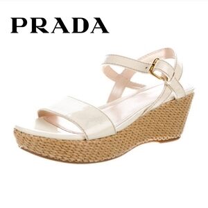 6.5/36.5 Prada Vintage Patent Leather Wedge Platform Espadrilles Cream/Off-White